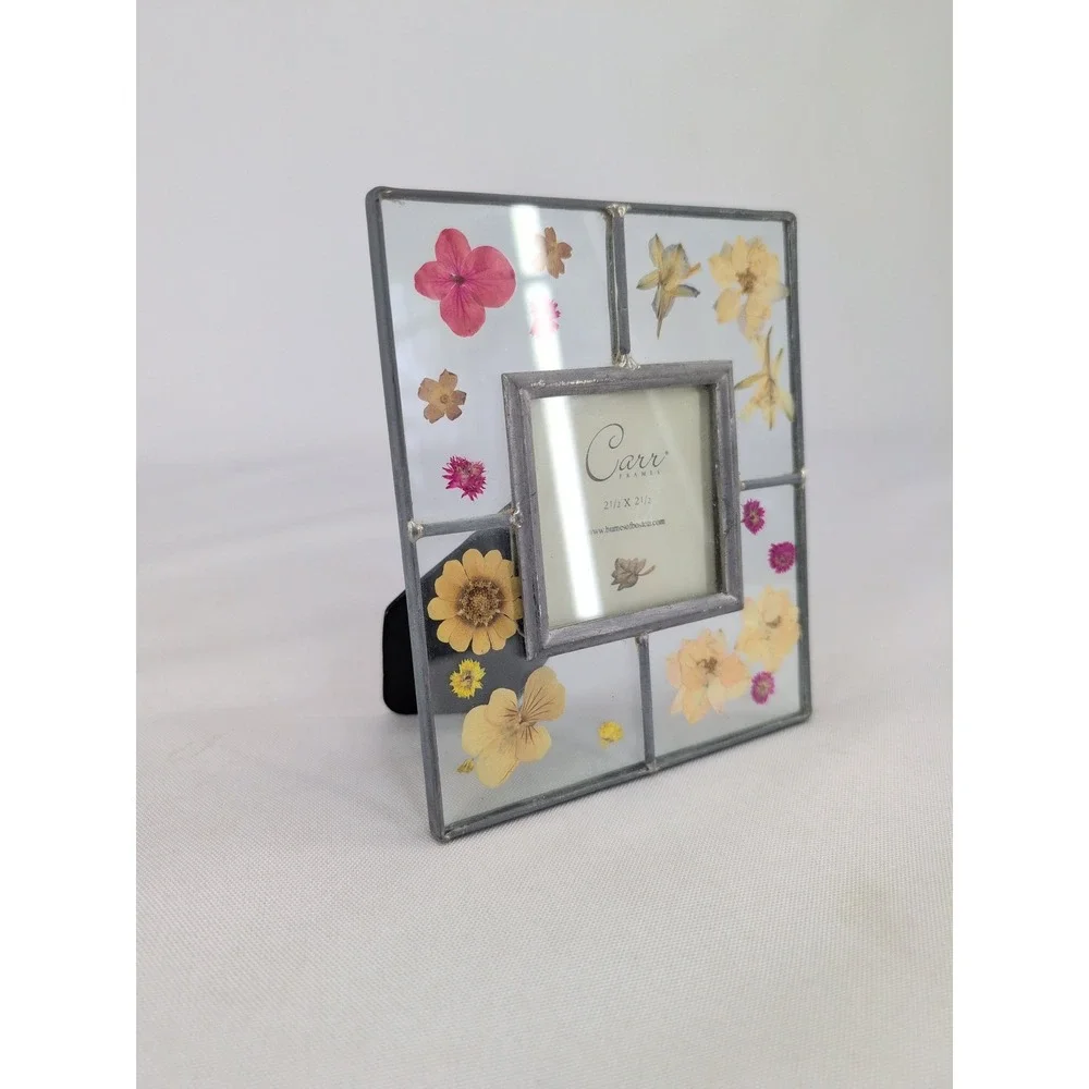 vtg Carr Frames Leaded Glass Picture Frame Silver Pressed Flowers 1999 2.5x2.5